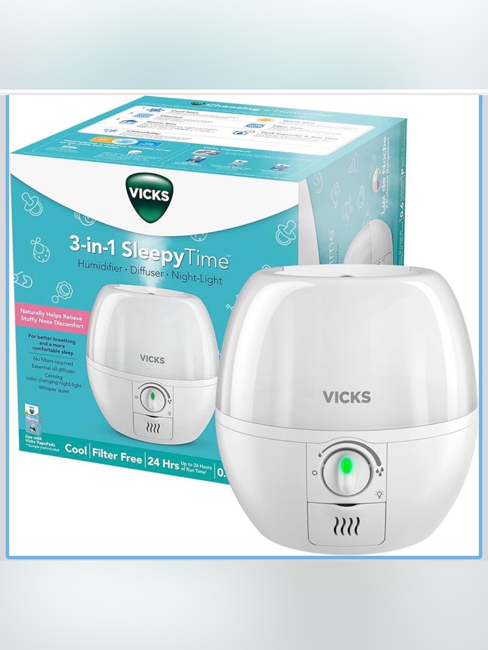 Vicks 3-in-1 SleepyTime Cool Mist Humidifier Night Light Diffuser NIB